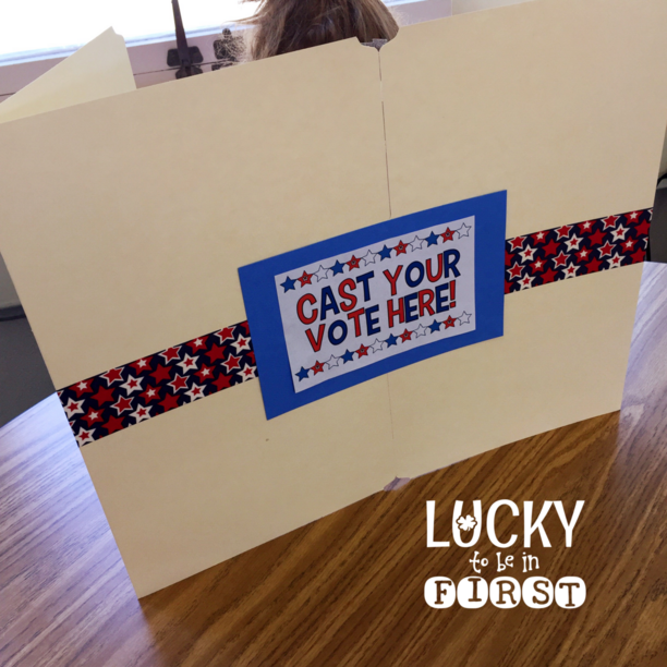 cast your vote here folder style voting booth for an elementary classroom unit about elections | Lucky Learning with Molly Lynch 