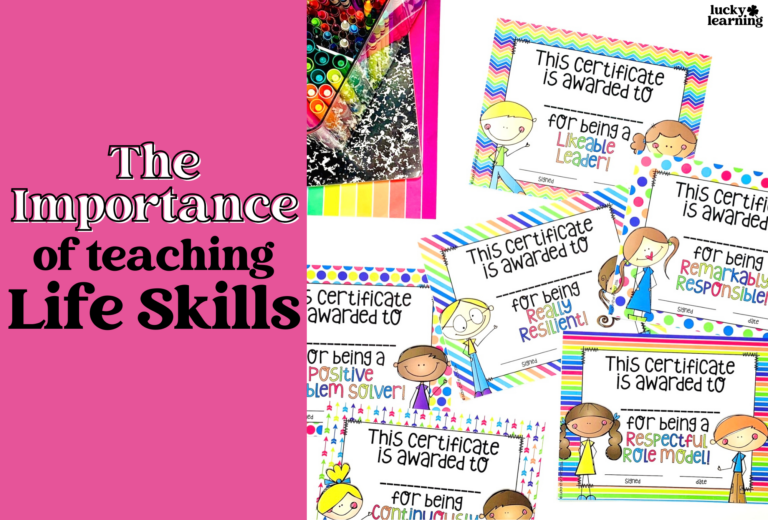 Colorful text on the left reads, "The Importance of Teaching Life Skills," emphasizing practical knowledge. The right side showcases certificates for life skills like leadership, problem-solving, and resilience, accompanied by engaging cartoon illustrations.