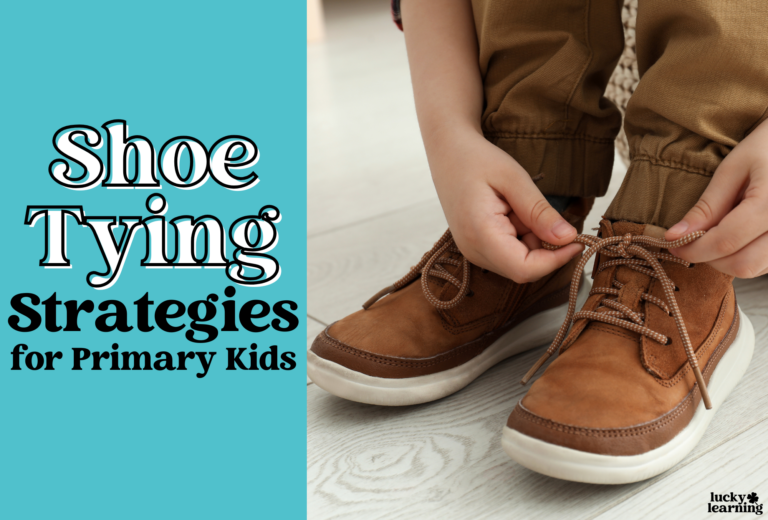 A child tying brown shoelaces. White text on a blue background reads, "Effective Shoe Tying Strategies for Primary Kids.
