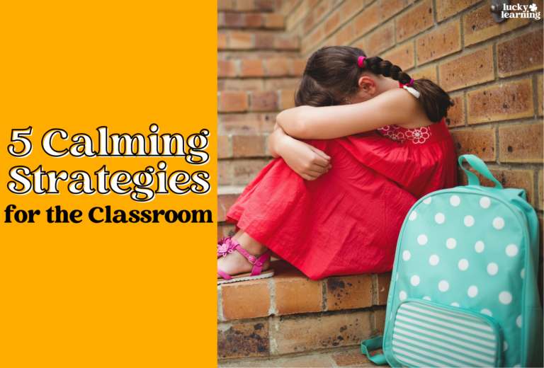 Girl in red dress sits against a brick wall, her head resting on her knees. Beside her, a teal polka-dotted backpack. Text: "5 Calming Strategies for the Classroom: Help calm upset students effectively.
