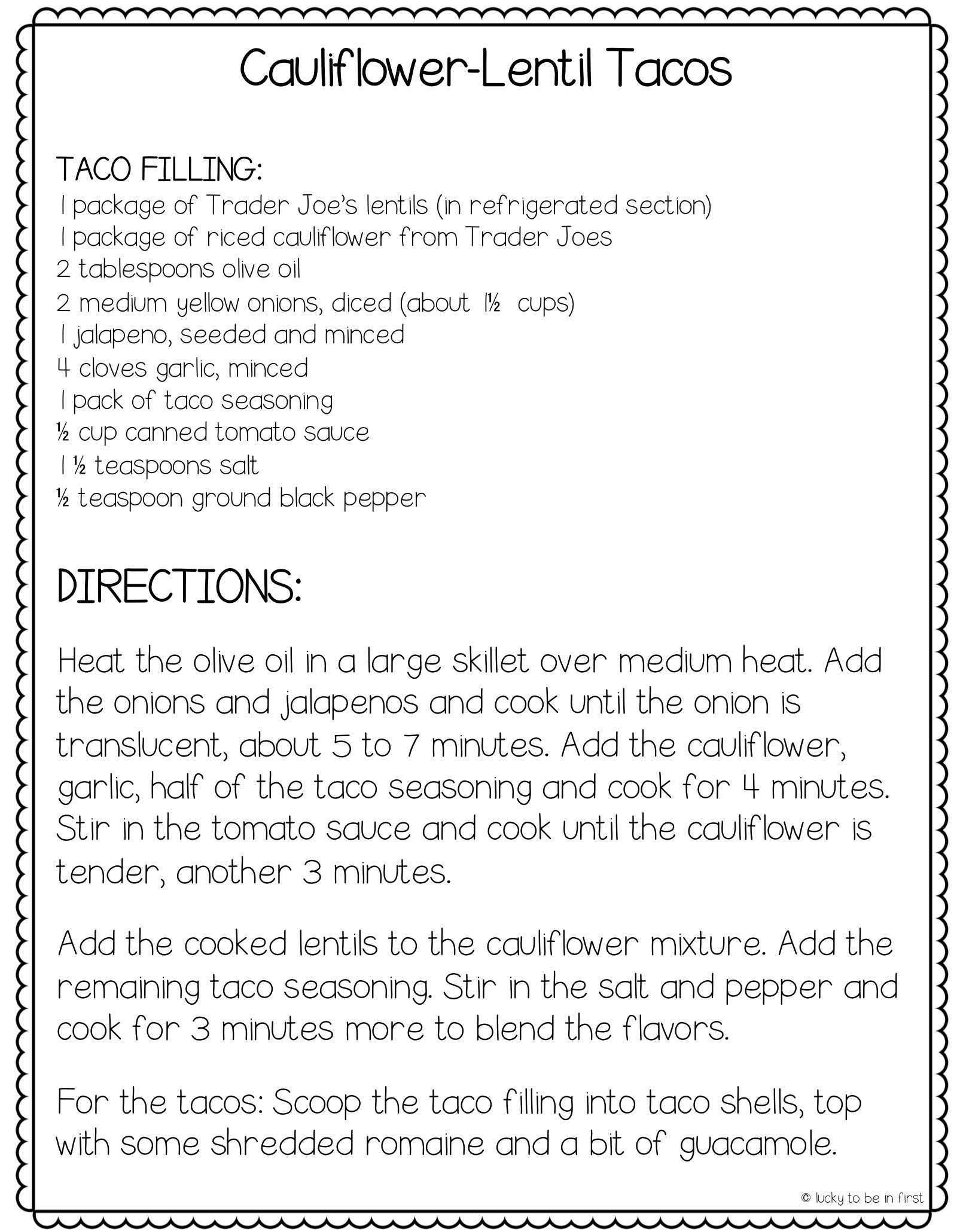 Cauliflower Lentil Taco Recipe | Great recipe for your School Lunch Bunch! 