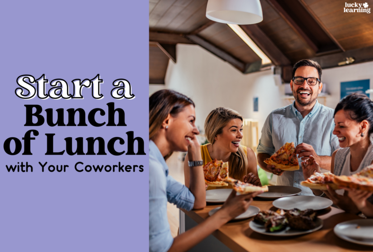 A group of coworkers sharing pizza at a table, accompanied by the text "Start a Lunch Bunch with Your Coworkers.