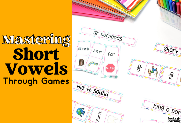 Flashcards and a book titled "Mastering Short Vowels Through Games" sit on a table, surrounded by colorful notebooks, pens, and other tools for conquering short vowels.
