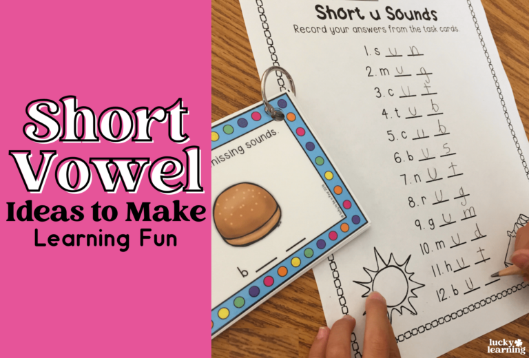 A person completes a 'Short U Sounds' worksheet with a pencil on a wooden table. The left side highlights "Short Vowel Ideas to Make Learning Fun," offering engaging short vowels activities to enhance the experience.