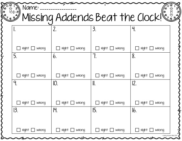 missing addends beat the clock game worksheet for students | Lucky Learning with Molly Lynch