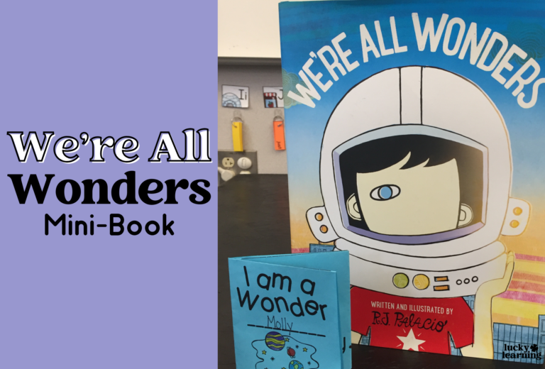 Book display showcasing "We're All Wonders" alongside a mini-book titled "I am a Wonder." The background boasts a light purple section with the captivating phrase, "Explore the World of Wonders" in bold text.
