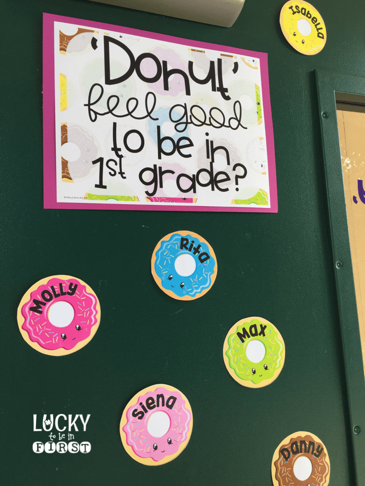 example of donut bulletin board for a 1st grade classroom donut feel good | Lucky Learning with Molly Lynch 