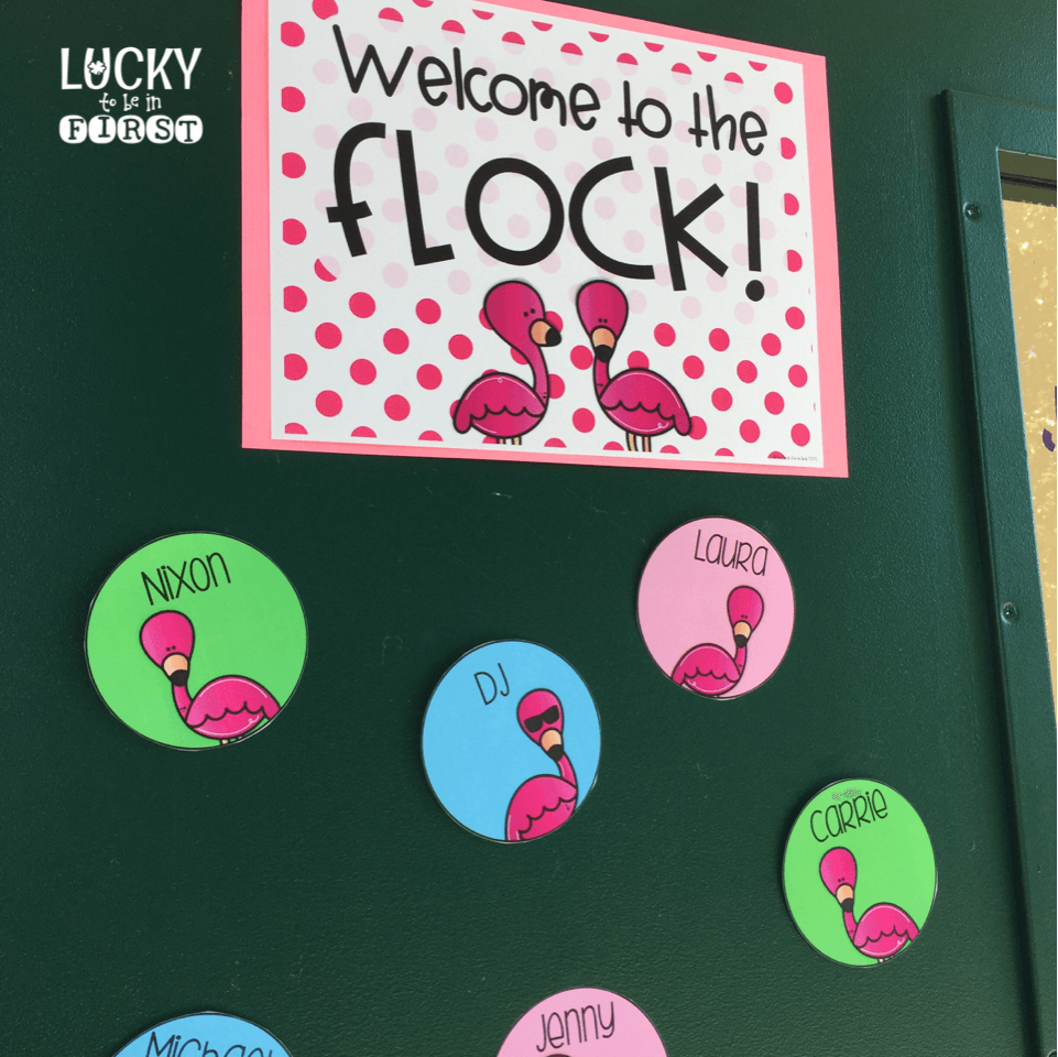 flamingo themed back to school bulletin board idea | Lucky Learning with Molly Lynch 