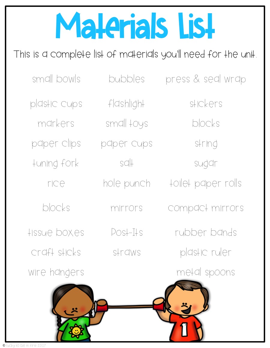 materials list for sound and light lesson plans | Lucky Learning with Molly Lynch 