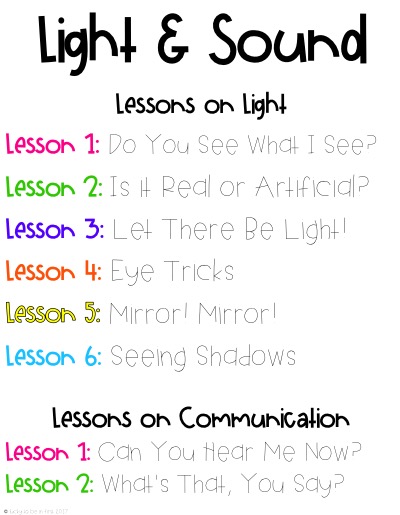 list of all the lessons on light for 1st graders | Lucky Learning with Molly Lynch 