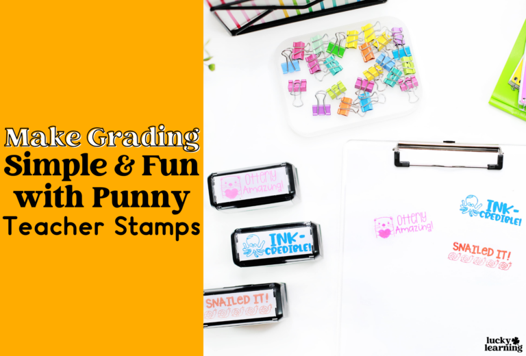 A collection of personalized teacher stamps and colorful binder clips on a white desk, next to a clipboard showcasing stamped impressions.