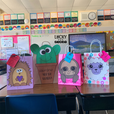 a picture of 4 different valentine bags for school including a cactus, sloth and llama | Lucky Learning with Molly Lynch 