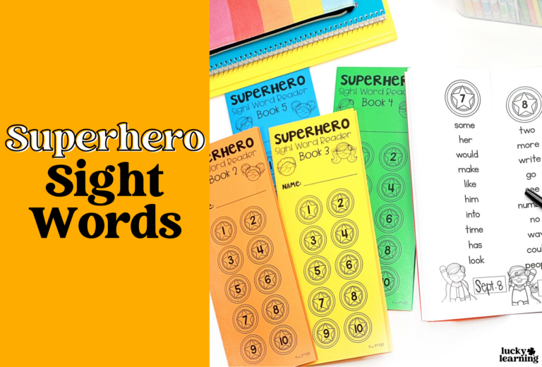 Superhero-themed educational booklets filled with engaging sight word exercises and colorful stickers, including pencils and an open page displaying words.