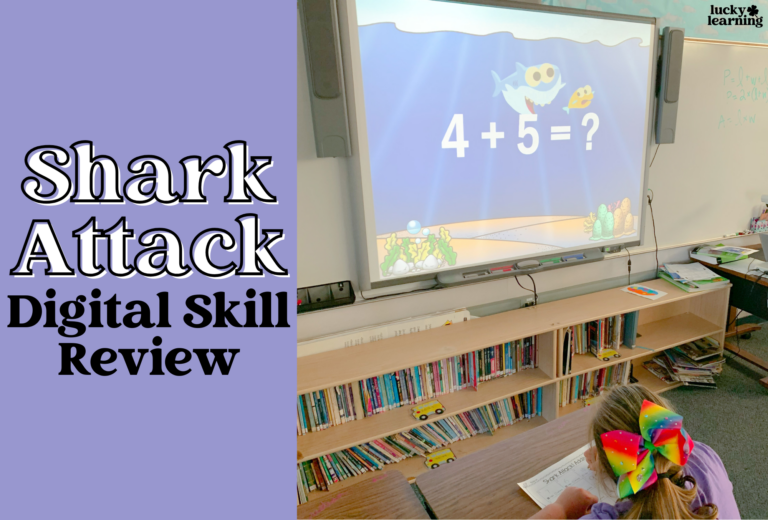 A child with a colorful bow writes diligently on paper at their desk, while an interactive math problem featuring a shark fills the classroom screen. The words "Shark Attack Skill Review" flash across the display, adding a splash of excitement to learning.
