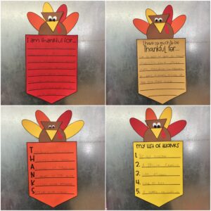 picture of finished thankful turkeys done by 1st graders | Lucky Learning with Molly Lynch 