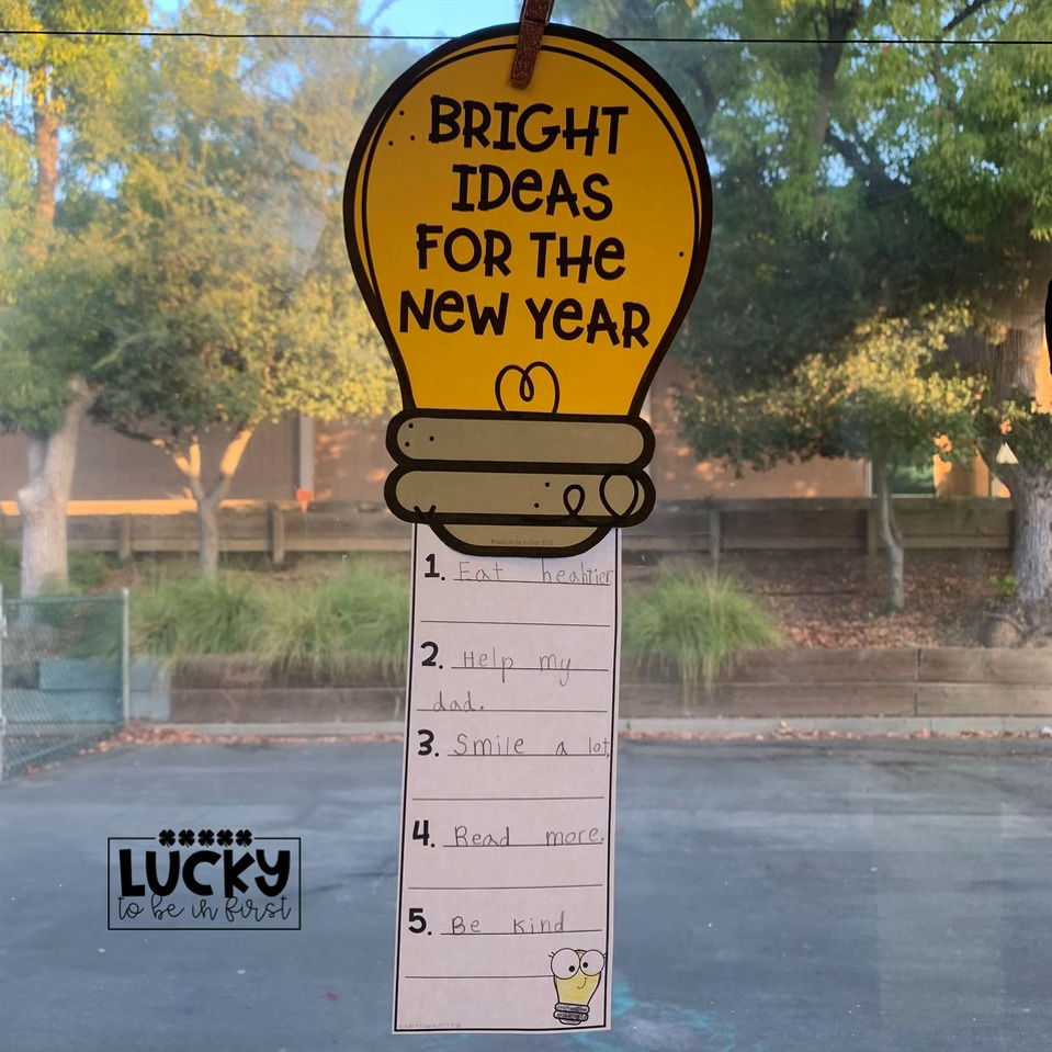 example of a student's finished bright ideas for the new year worksheet | Lucky Learning with Molly Lynch 
