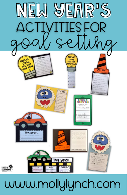 a collection of new years writing resolutions and activity worksheets for 1st graders and 2nd graders | Lucky Learning with Molly Lynch 