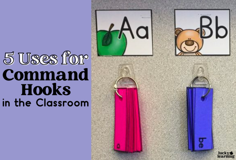Two keyring sets hang prominently under alphabet cards labeled "Aa" and "Bb" in a classroom setting, securely attached with command hooks.