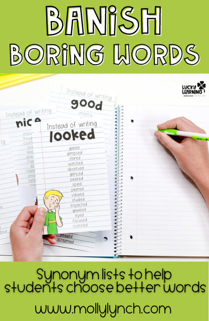 example of synonym list to help young writers write more creatively and not use boring words | Lucky Learning with Molly Lynch 