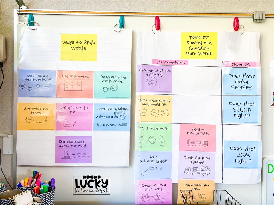 a teacher using command hooks to hang spelling and writing posters for students | Lucky Learning with Molly Lynch 