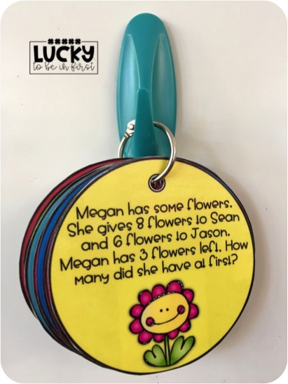 keyring of math in a minute games hung on a blue command hook | Lucky Learning with Molly Lynch 