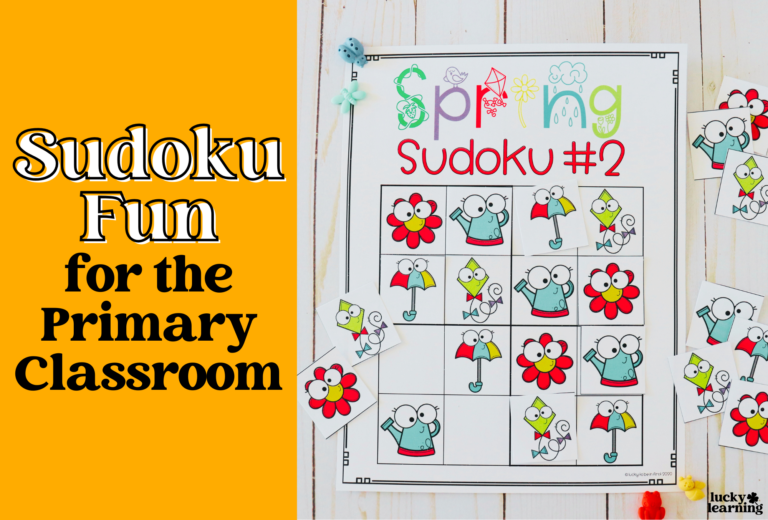 An educational worksheet titled "Spring Sudoku #2" with colorful spring-themed images for elementary students. A sign reads "Sudoku Fun for the Primary Classroom.