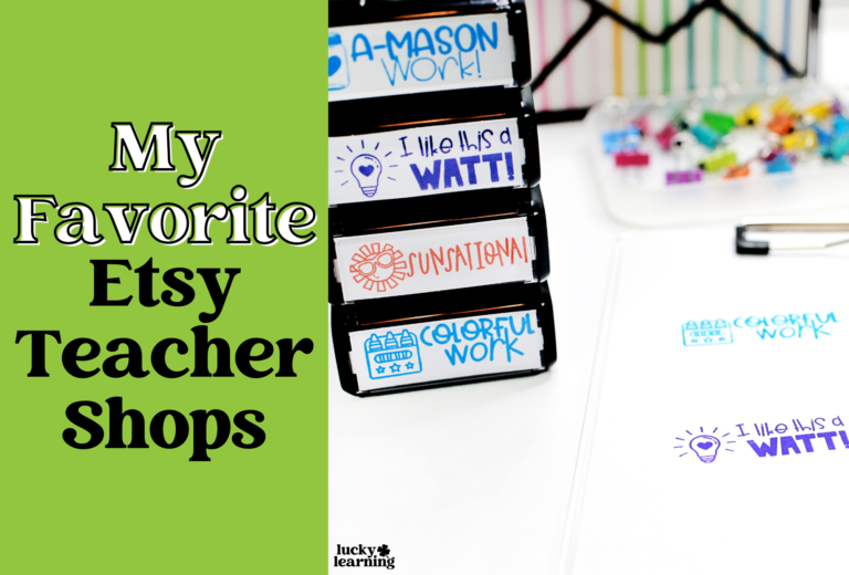 A display of colorful labeled drawers and a notebook sheet, with the text "My Favorite Etsy Teacher Sellers" on the left.