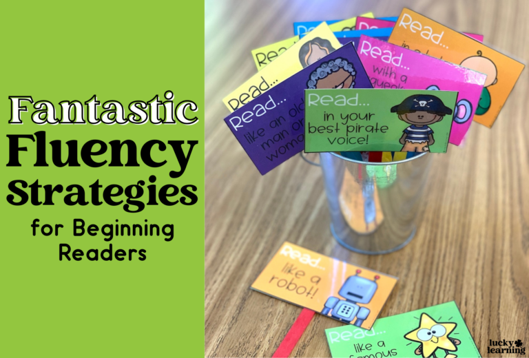 A jar brimming with colorful cards offers creative reading cues to enhance reading fluency for beginning readers, including fun prompts like "Read like a robot" and playful themes like "pirate," all elegantly arranged on a wooden surface.