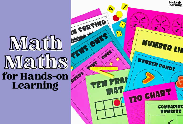Colorful math learning worksheets and tools, including math mats, dice, counters, and spinners, for hands-on learning activities.