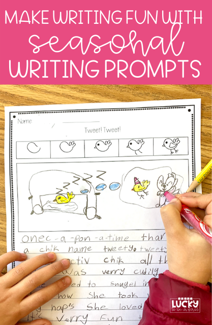 drawing and spring season writing prompts for first graders with examples | Lucky Learning with Molly Lynch 