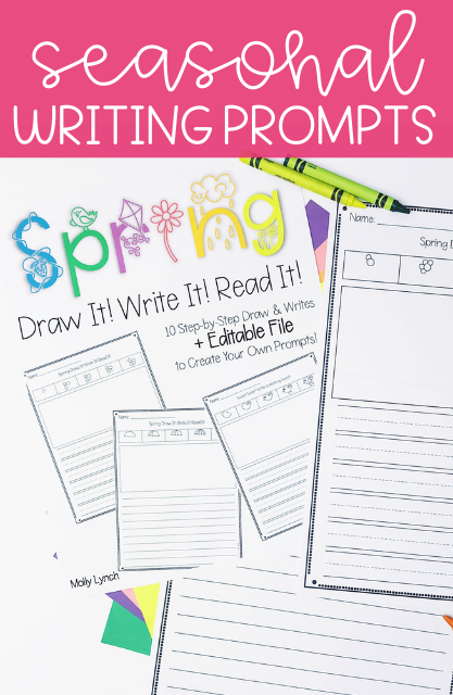 layout of printable spring writing prompts for elementary students | Lucky Learning with Molly Lynch 