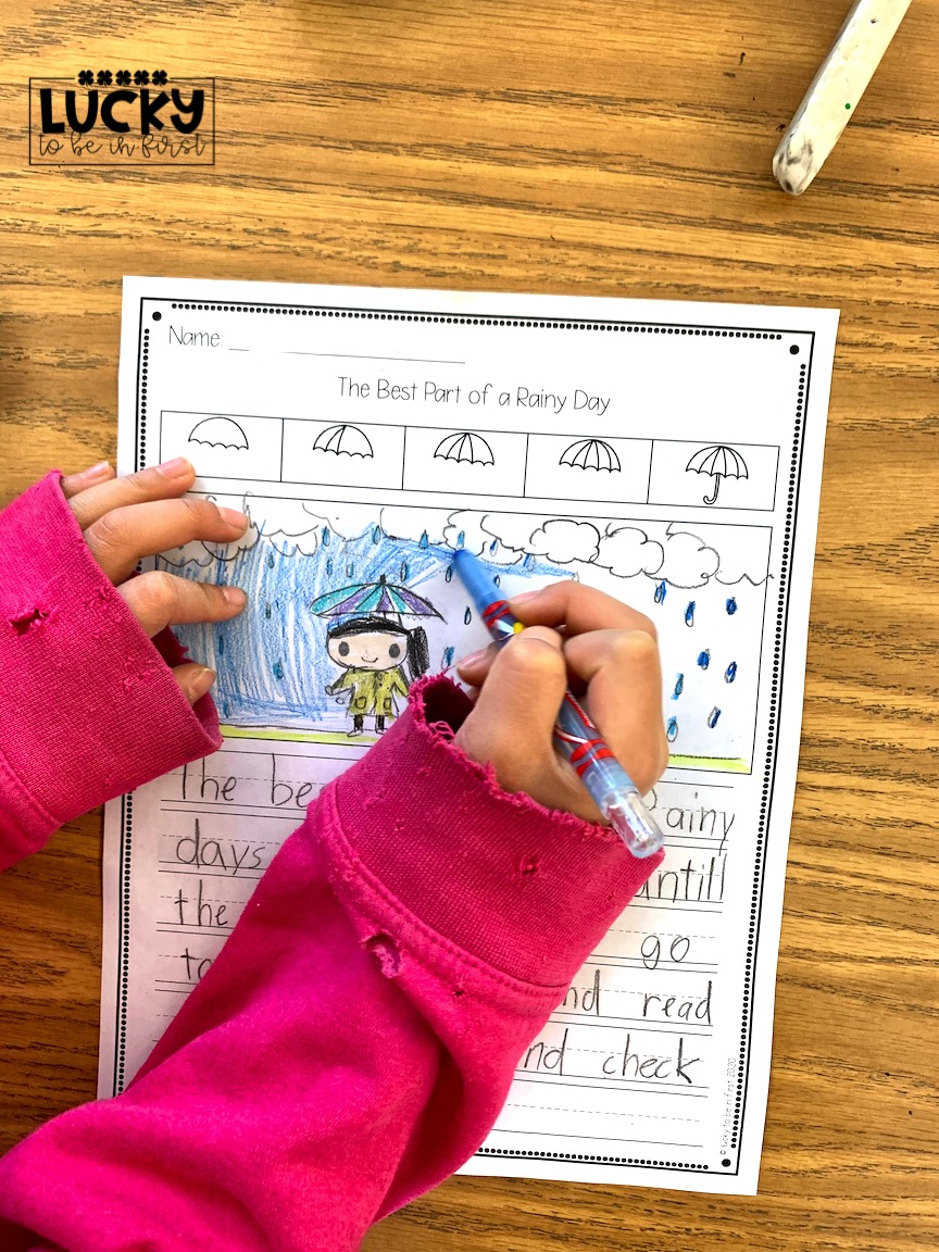 a first grade student writing about a rainy day in March | Lucky Learning with Molly Lynch 