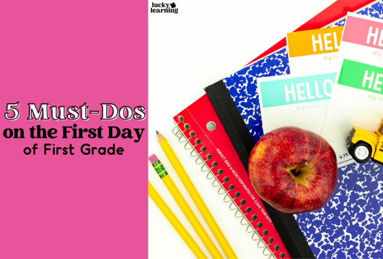 School supplies with notebooks, pencils, name tags, an apple, and a toy bus are laid out next to text reading "5 Must-Dos on the First Day of First Grade." Prepare for this milestone with enthusiasm and ensure your child's first day of first grade is memorable and fun.