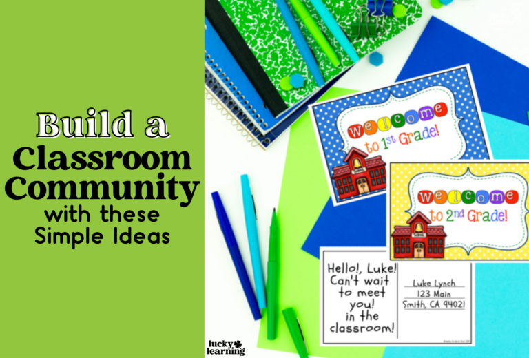 A collection of school supplies and welcome cards for first and second-grade students, titled "Build a Strong Classroom Community with these Simple Ideas.