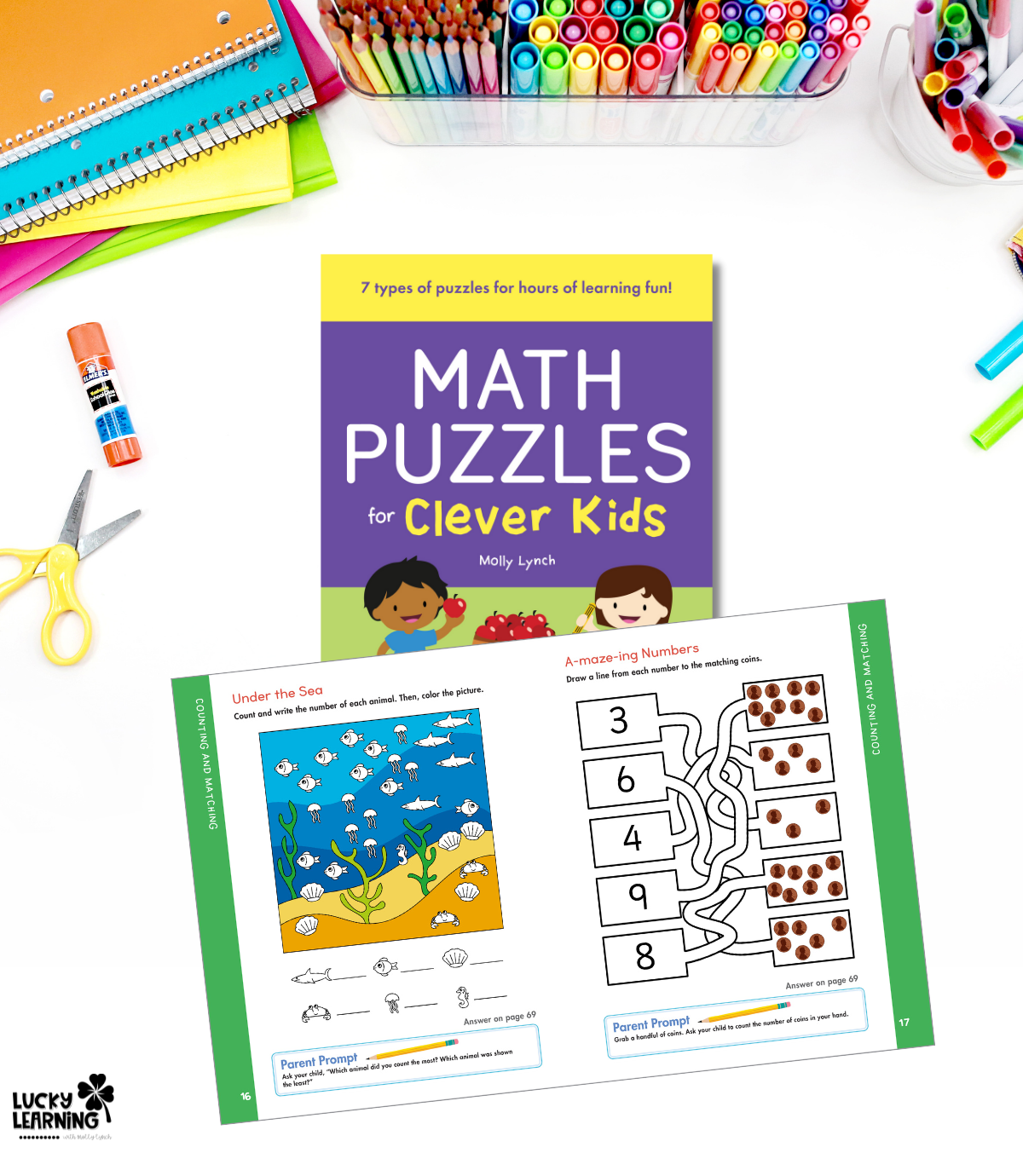 example of pages from the math puzzles for clever kids book | Lucky Learning with Molly Lynch