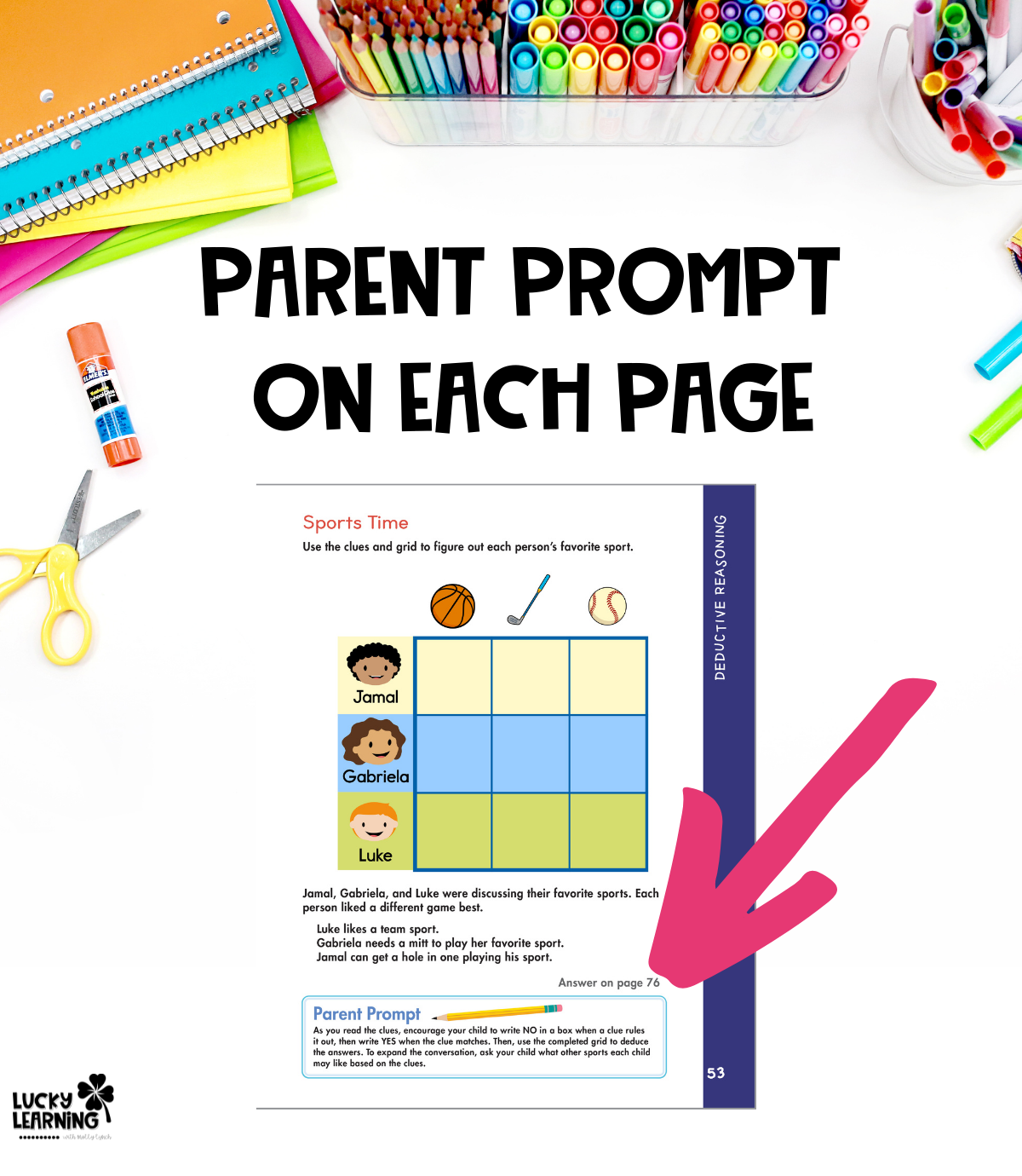 parent prompts on each page | Lucky Learning with Molly Lynch
