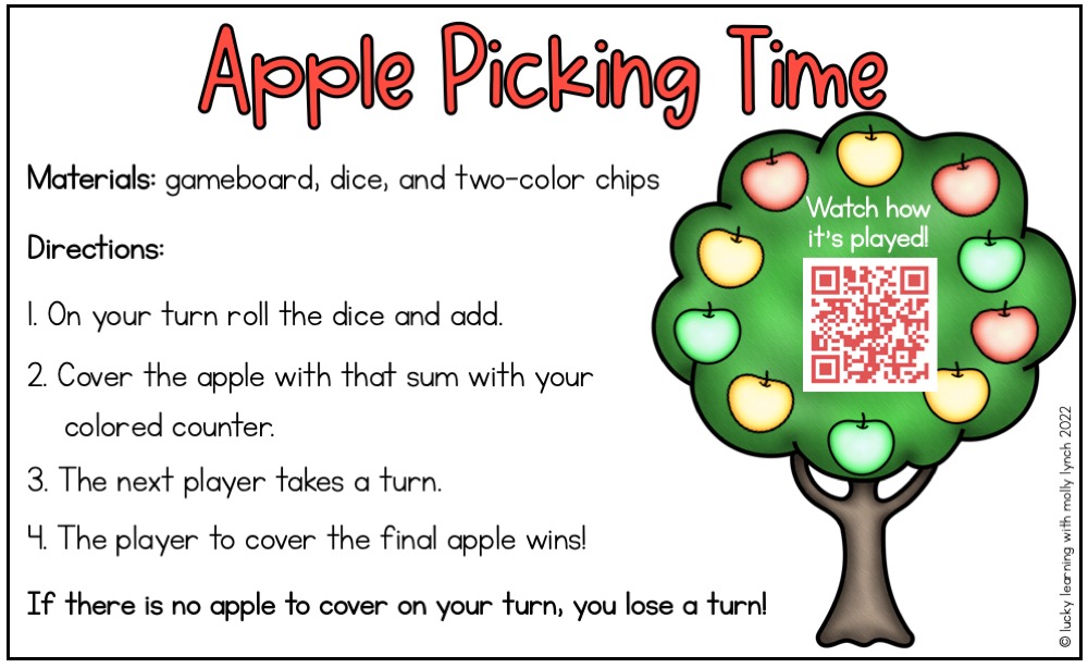 detailed instructions for an apple picking time math game for an elementary classroom | Lucky Learning with Molly Lynch 