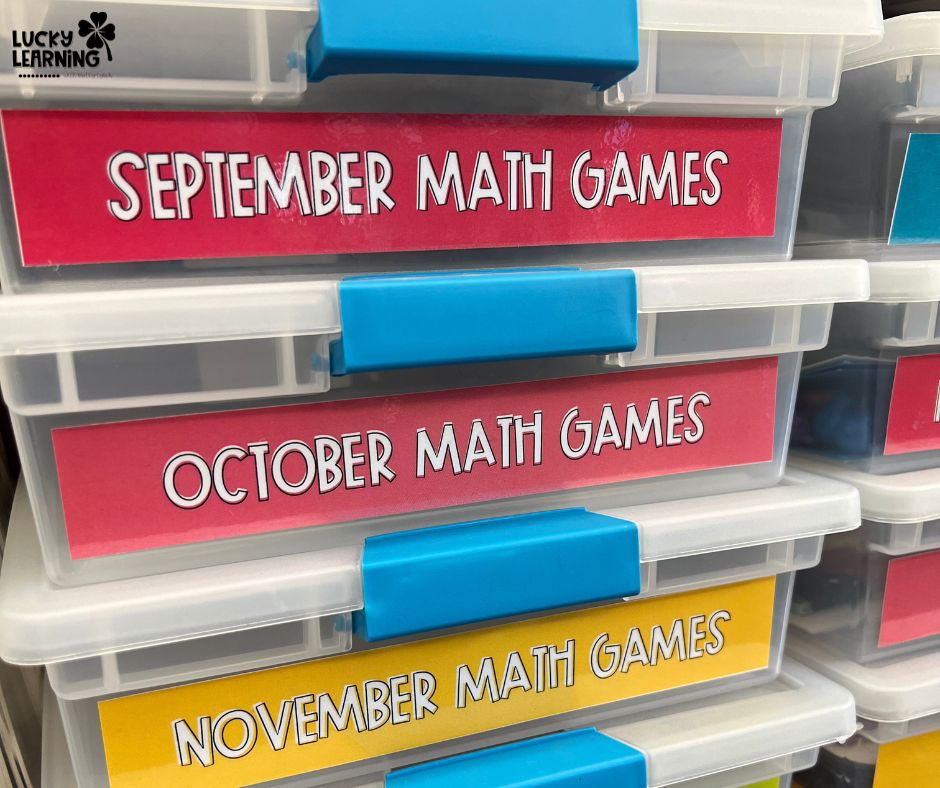 organizing bins with each month's math center activities | Lucky Learning with Molly Lynch