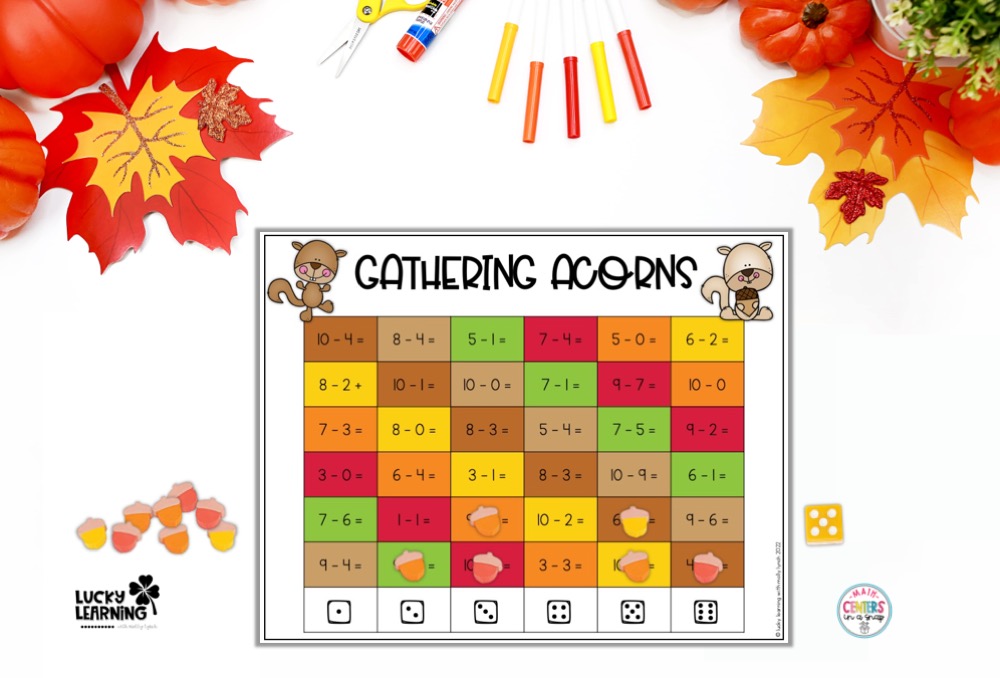 gathering acorns math game for primary classrooms | Lucky Learning with Molly Lynch 