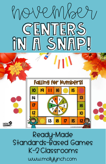 november centers in a snap games with ready-made activities for k-2 classrooms | Lucky Learning with Molly Lynch 