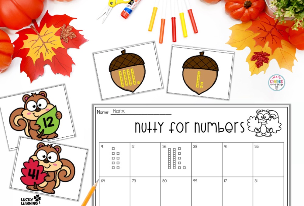 fall themed nut math game that's a perfect activity in the month of november | Lucky Learning with Molly Lynch 