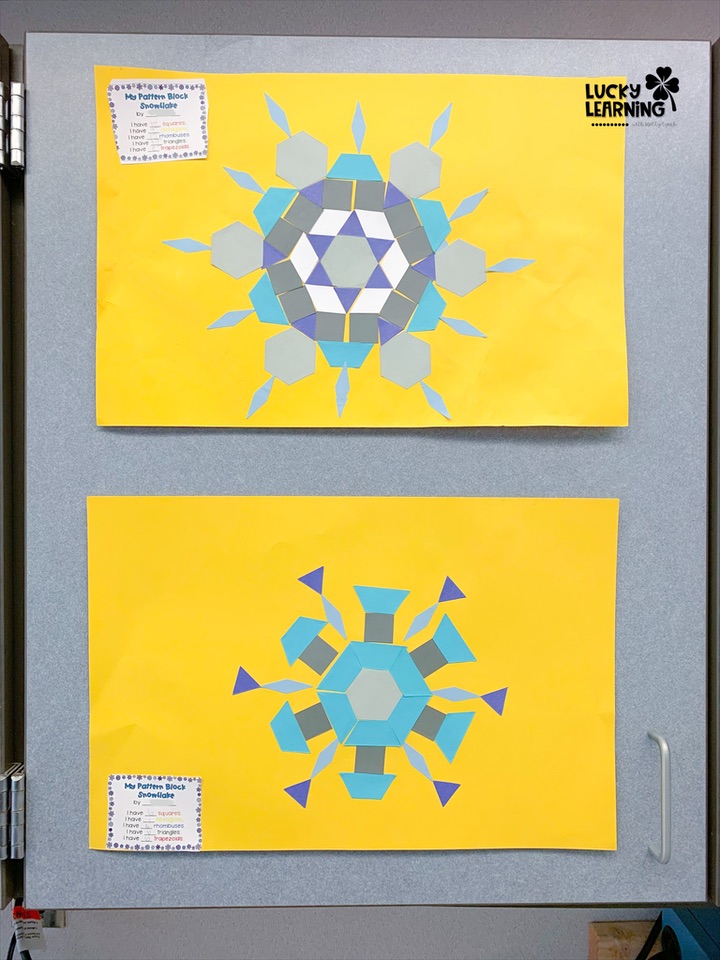 winter pattern block snowflakes are a fun idea for a holiday classroom party | Lucky Learning with Molly Lynch