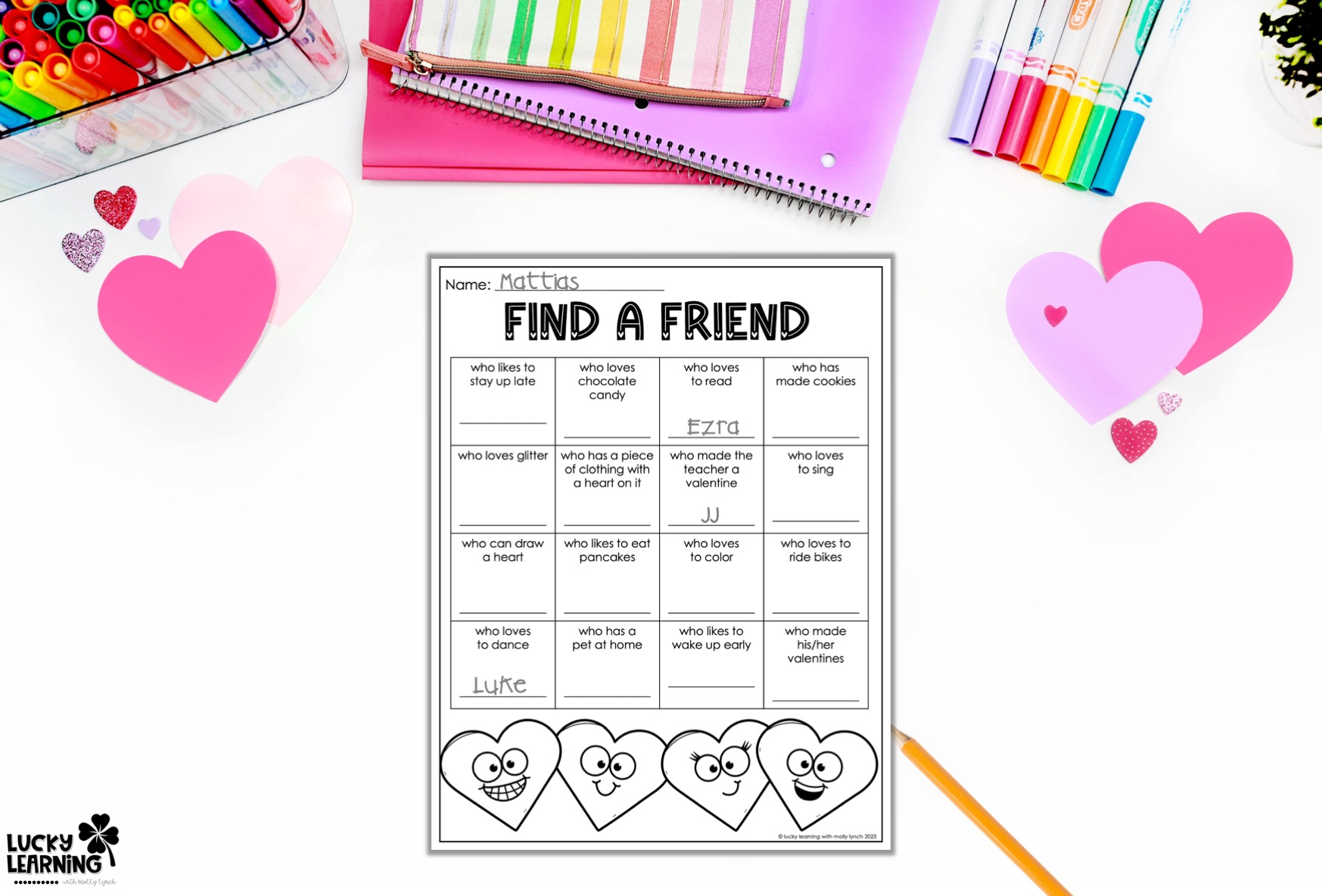 find a friend activity for elementary classroom on valentine's day | Lucky Learning with Molly Lynch
