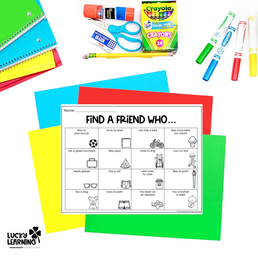 find a friend who back to school activity for elementary students | Lucky Learning with Molly Lynch