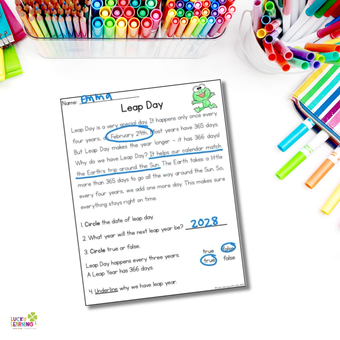 leap day close reading passage | Lucky Learning with Molly Lynch