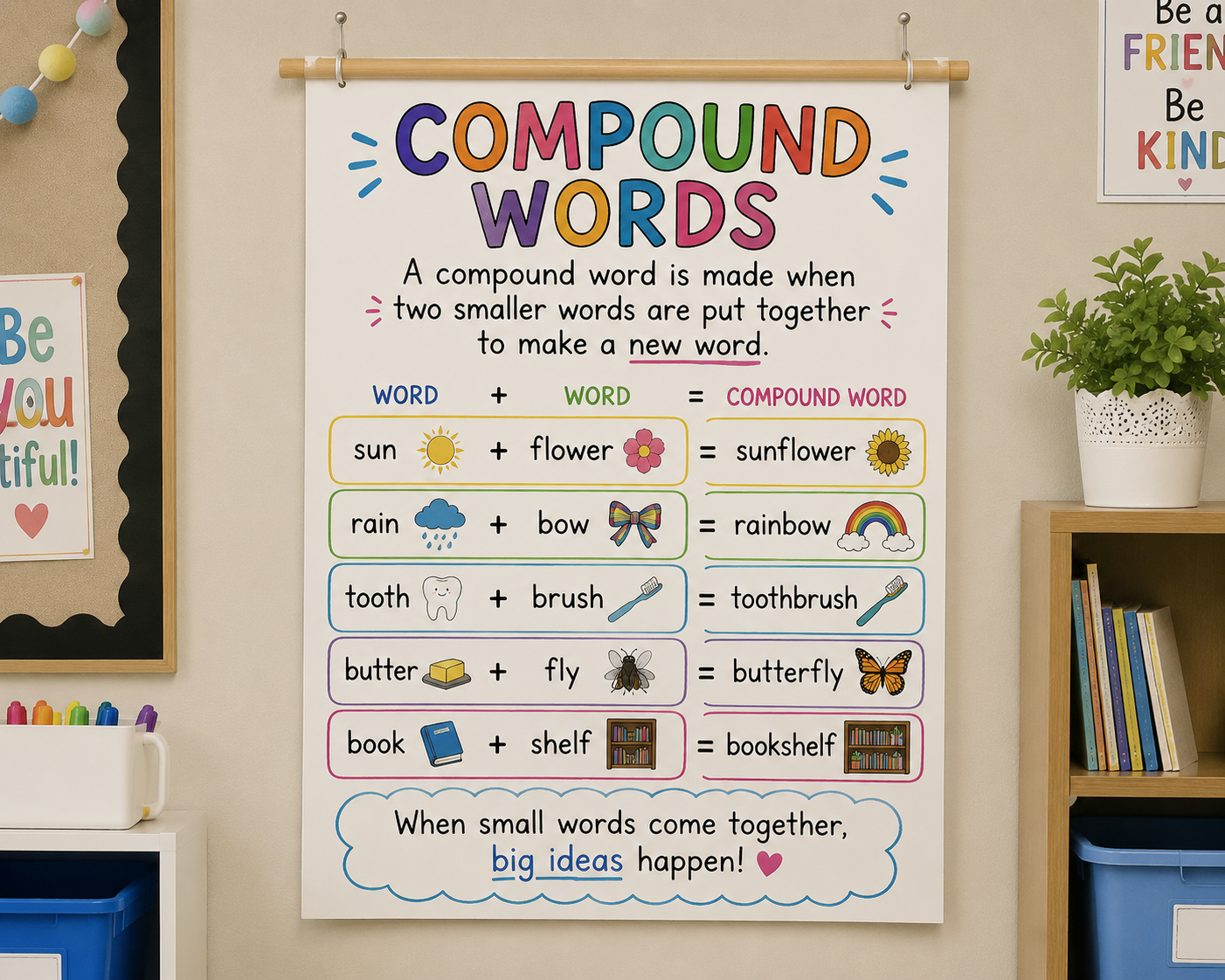 A classroom poster explains compound words with examples, showing how two words combine to form one new compound word, such as sunflower, rainbow, toothbrush, butterfly, and bookshelf.