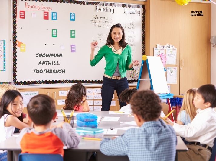 A teacher stands at the front of a classroom with young students seated at tables; compound words like "SNOWMAN," "ANTHILL," and "TOOTHBRUSH" are written on the whiteboard behind her.