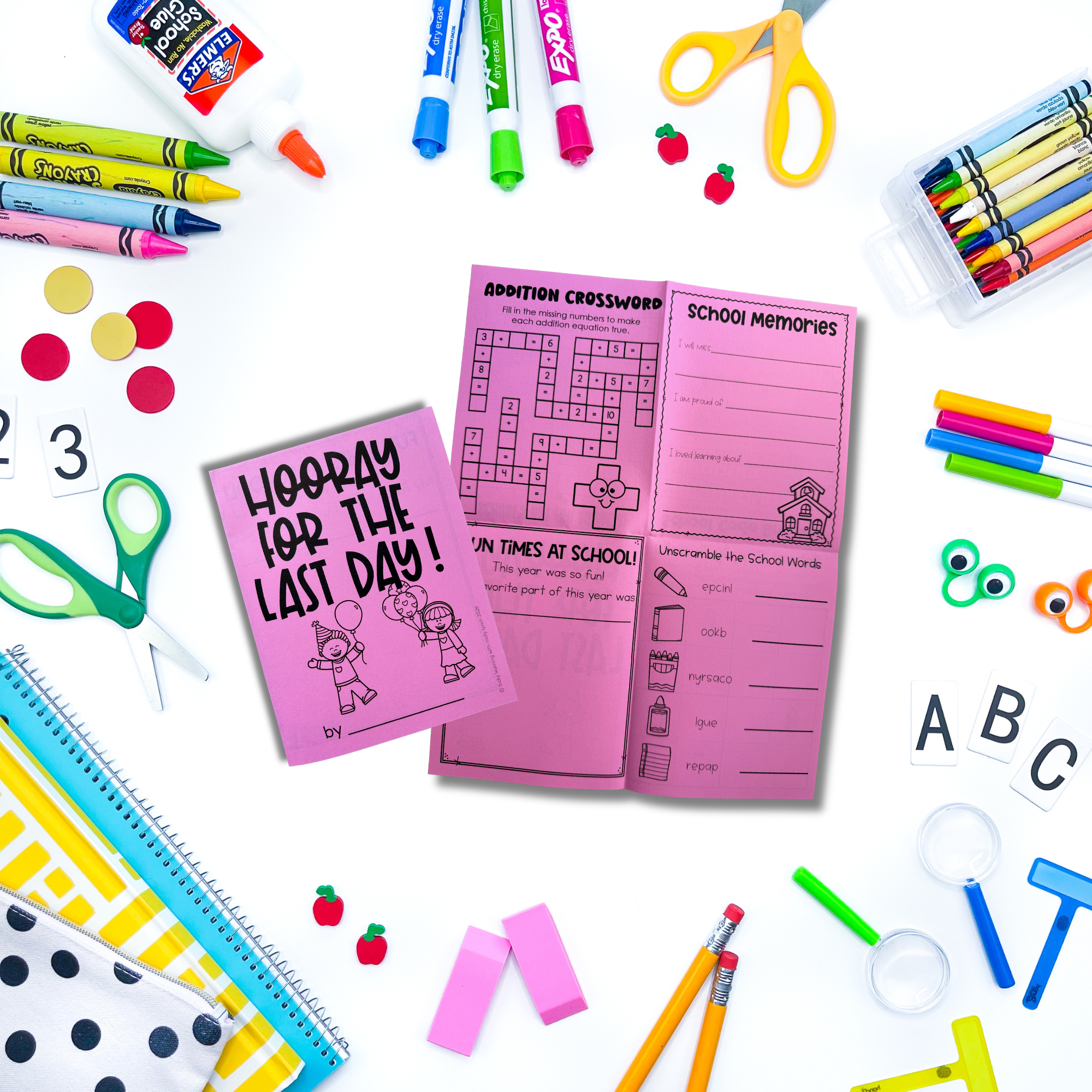 A flat lay of colorful school supplies and worksheets, including crayons, scissors, glue, notebooks, and activity sheets titled "Hooray for the Last Day!" on a white background.