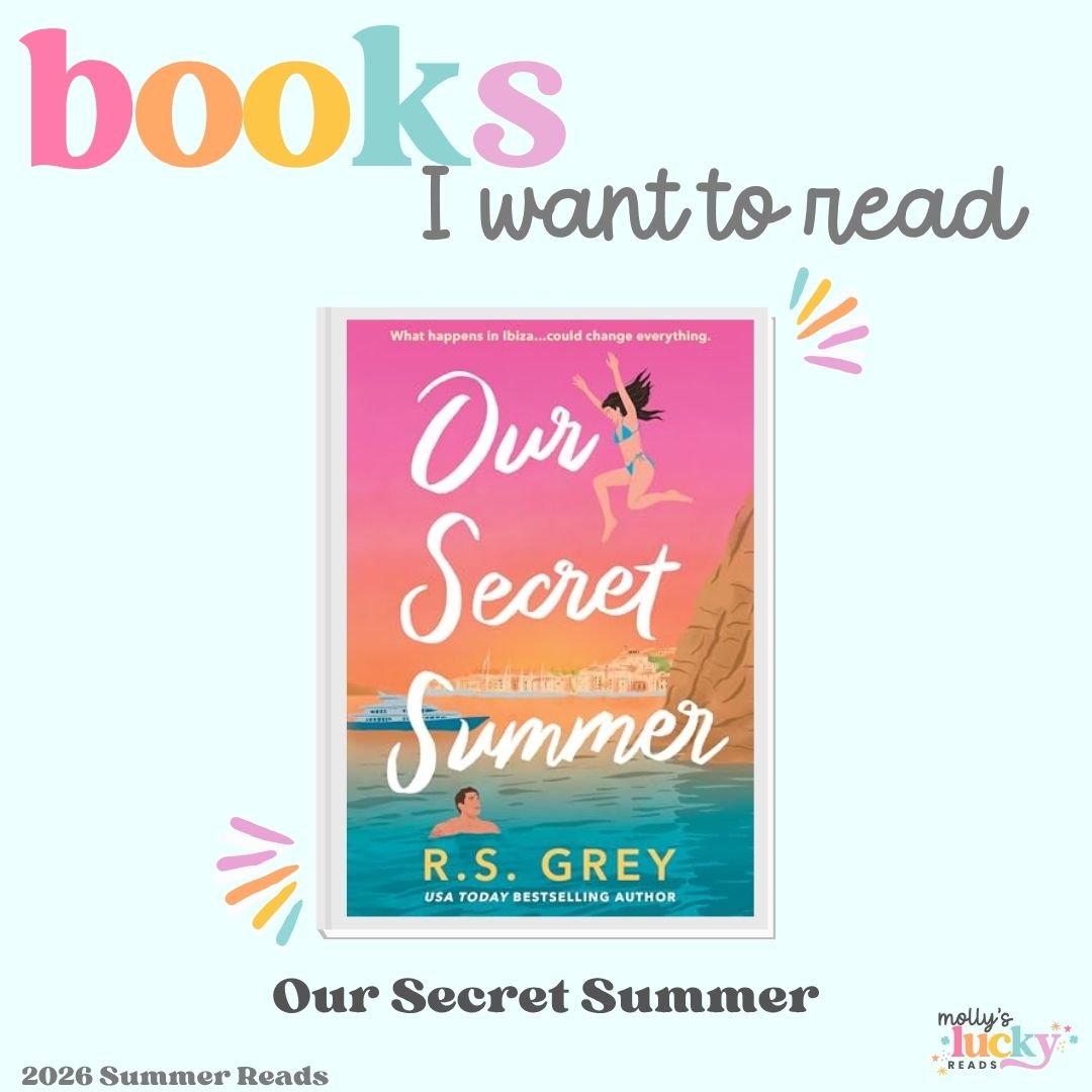 A book cover for "Our Secret Summer" by R.S. Grey shows two people jumping into water, cityscape and boats in the background. Text reads "Must Read Books for 2025: Our Secret Summer.