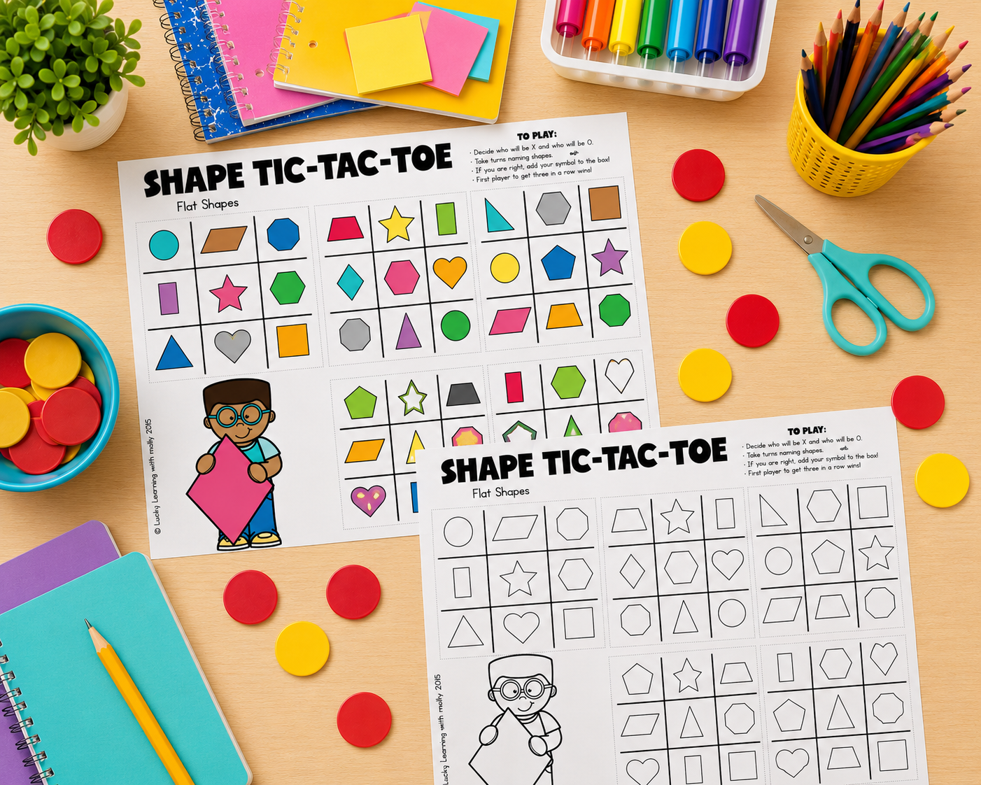 Two "Shape Tic-Tac-Toe" math fact fluency games feature geometric shapes on sheets surrounded by school supplies, colored chips, markers, scissors, and notebooks.